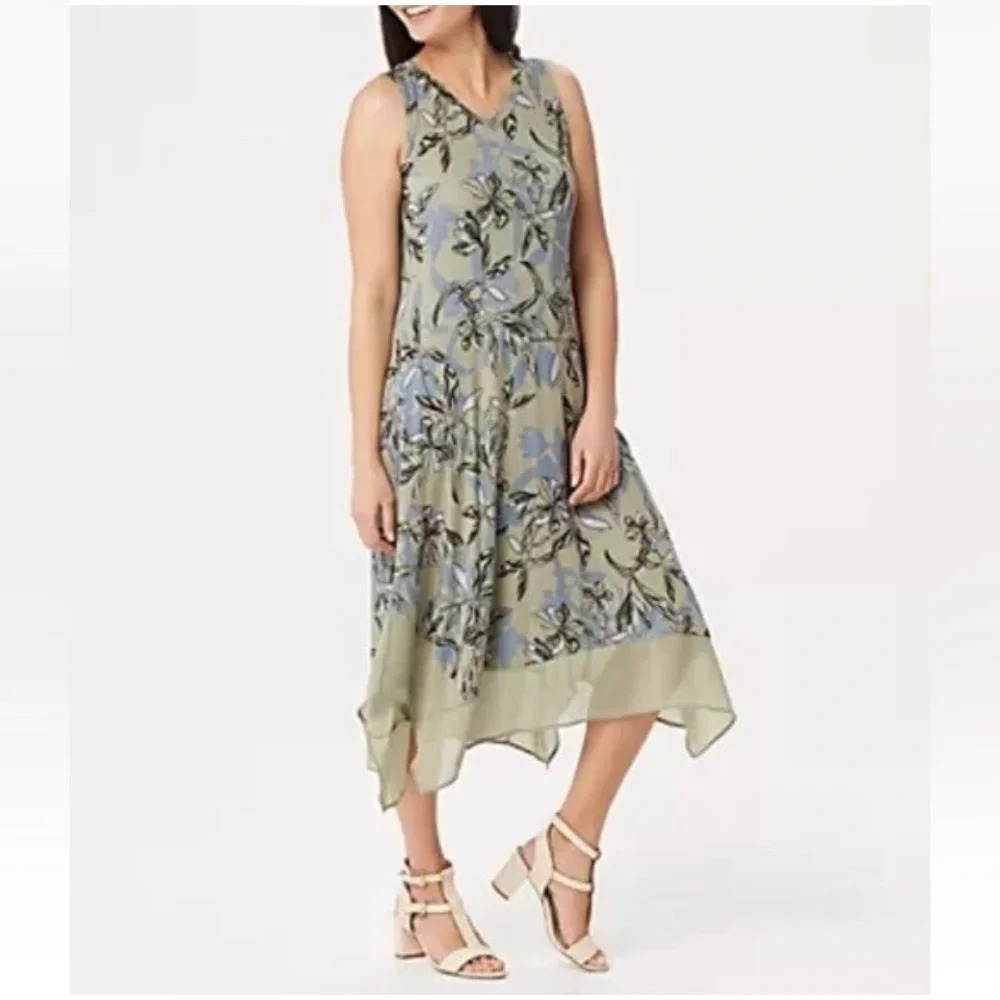 LOGO by‎ Lori Goldstein Knit Maxi Dress Chiffon Trim Womens Small